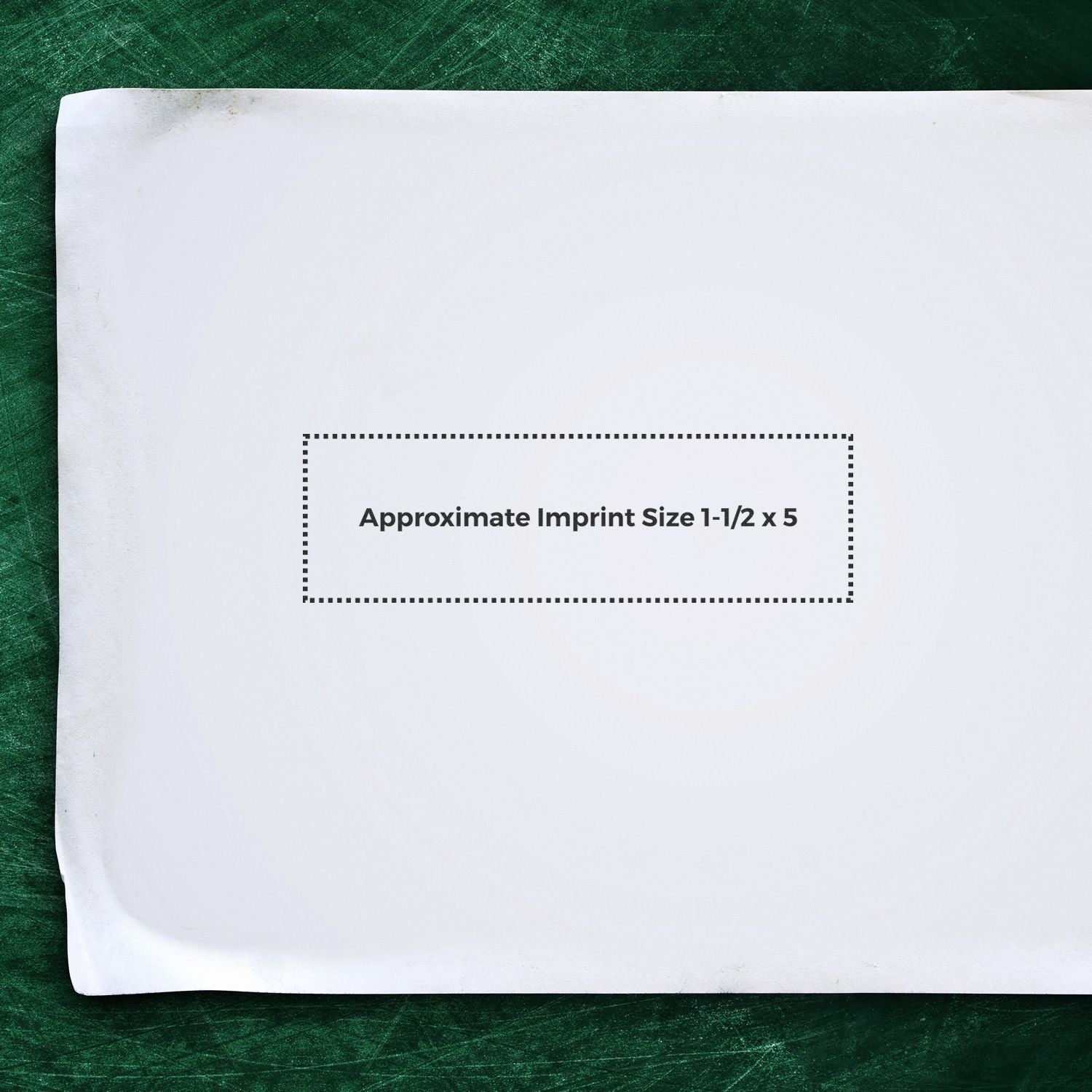 Custom Rubber Stamp Size 1-1/2 x 5 displayed on a white paper with green background, showing approximate imprint dimensions.