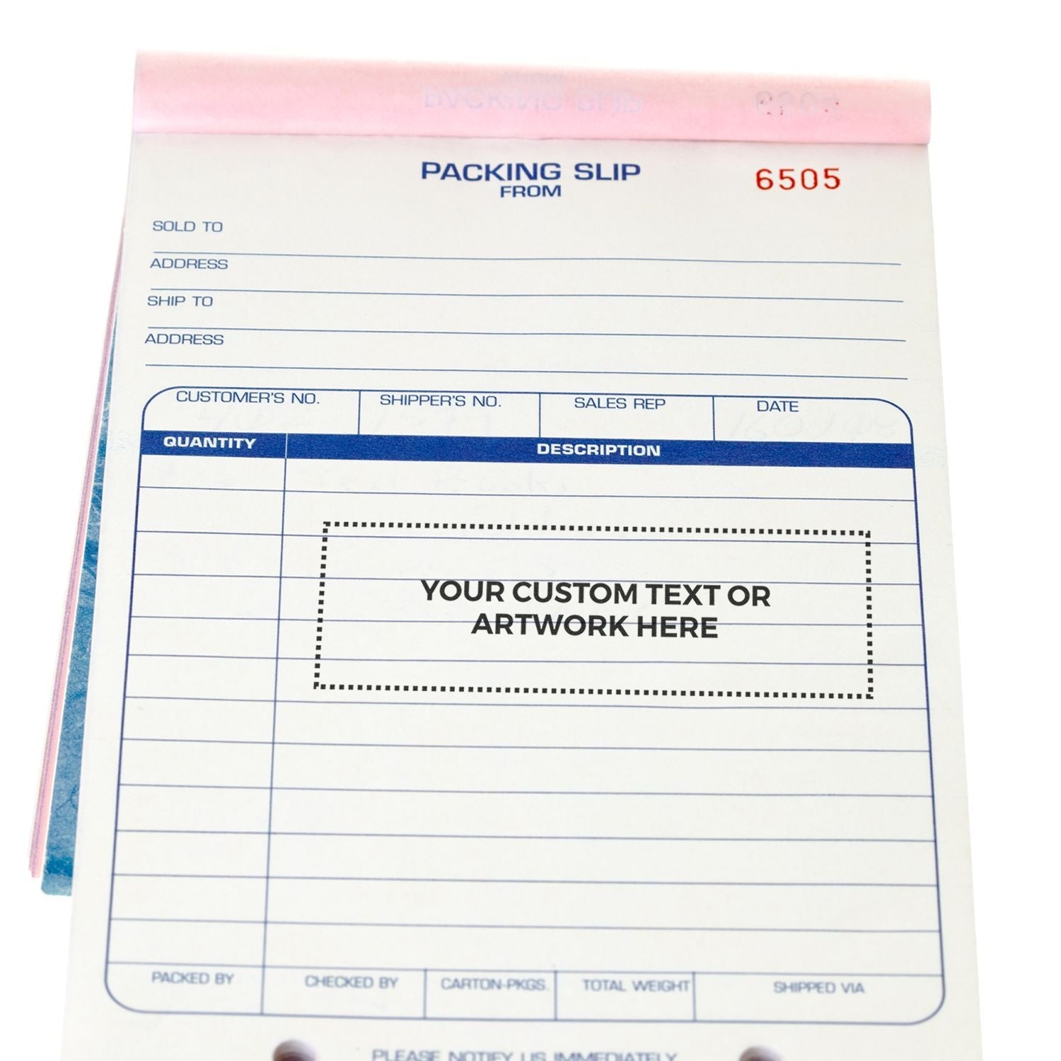 Packing slip with a stamped example of Custom Rubber Stamp Size 1-1/2 x 5 displaying Your Custom Text or Artwork Here in the description box.