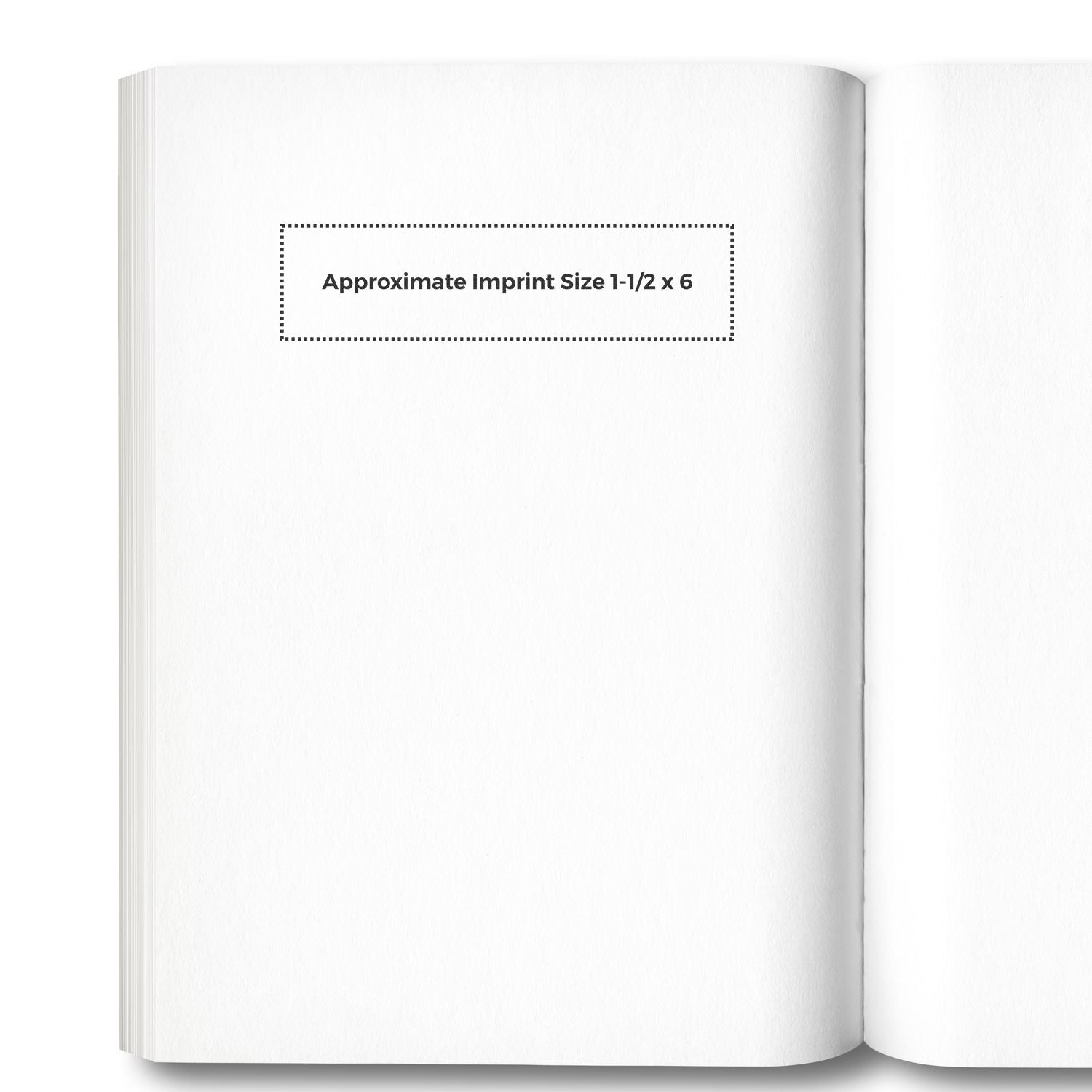 Custom Rubber Stamp Size 1-1/2 x 6 shown on an open blank book, highlighting the approximate imprint size with a dotted rectangle.