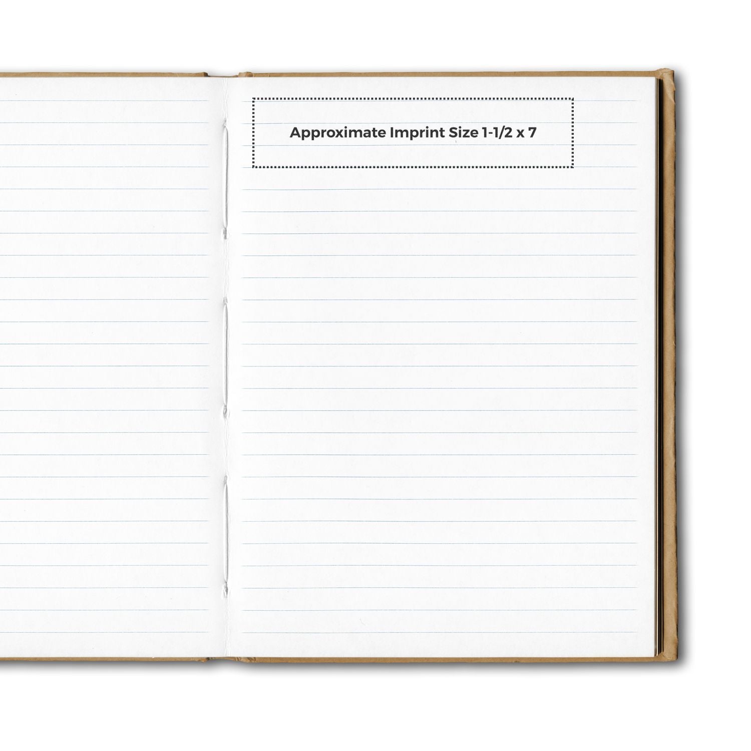 Open notebook showing lined pages with a dotted rectangle labeled Approximate Imprint Size 1-1/2 x 7 for Custom Rubber Stamp Size 1-1/2 x 7.