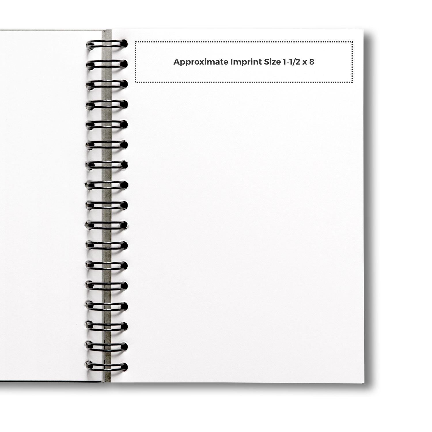 Open notebook with a Custom Rubber Stamp Size 1-1/2 x 8 imprint area shown on the right page, indicating approximate stamp size.