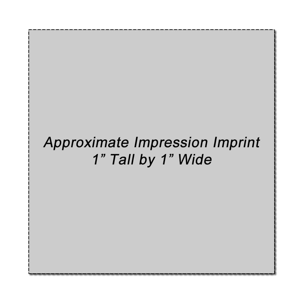 Custom Rubber Stamp Size 1 x 1 with an approximate impression imprint of 1 inch tall by 1 inch wide, shown on a gray background.