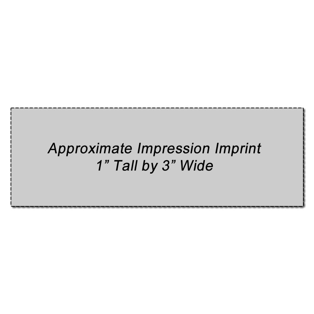 Custom Rubber Stamp Size 1 x 3 with an approximate impression imprint of 1 inch tall by 3 inches wide, shown on a grey background.