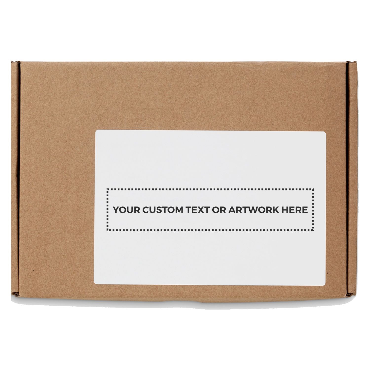 Custom Rubber Stamp Size 1 x 5 stamped on a brown cardboard box with the text YOUR CUSTOM TEXT OR ARTWORK HERE in black.