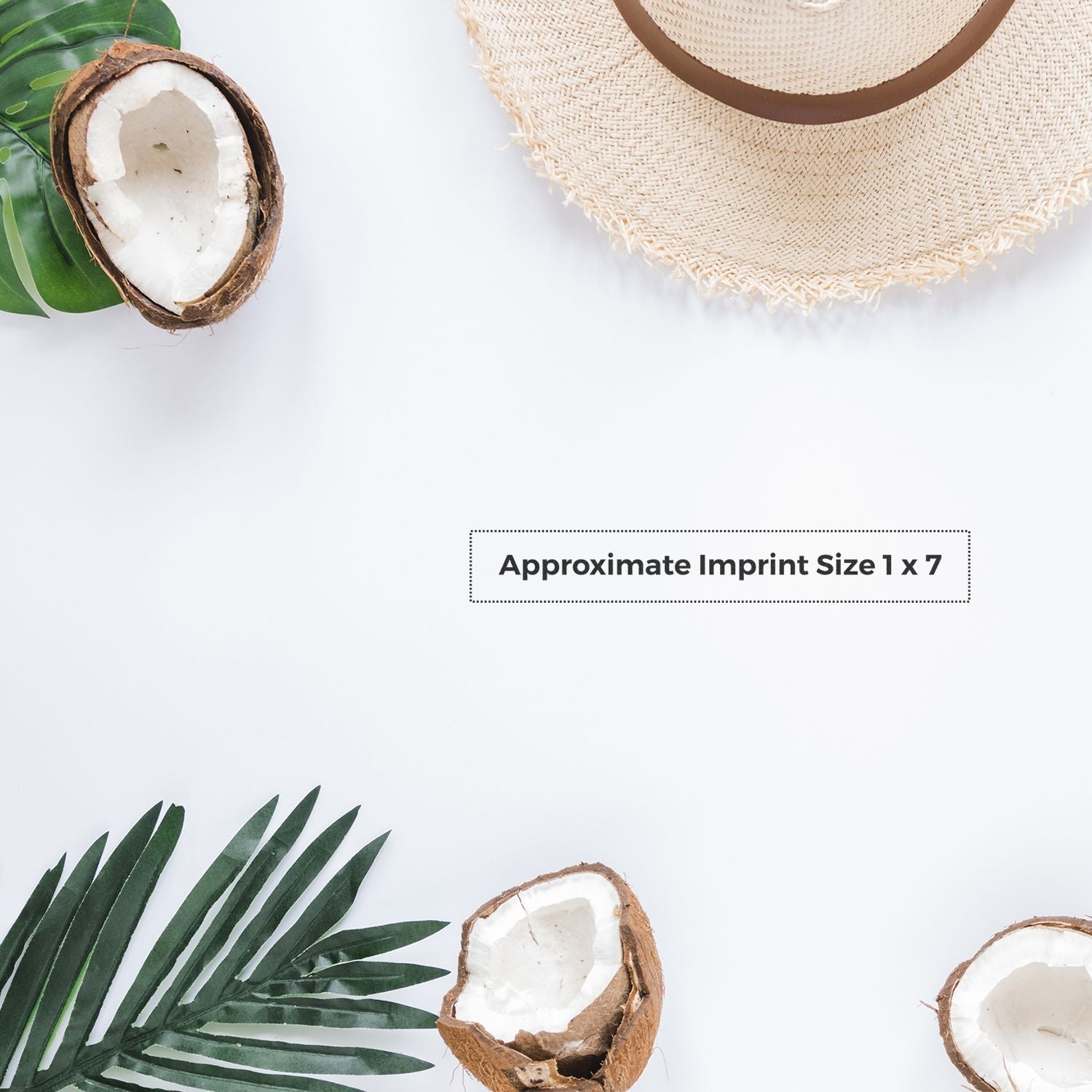 Custom Rubber Stamp Size 1 x 7 shown with approximate imprint size, surrounded by a hat, coconut halves, and green leaves on a white background.