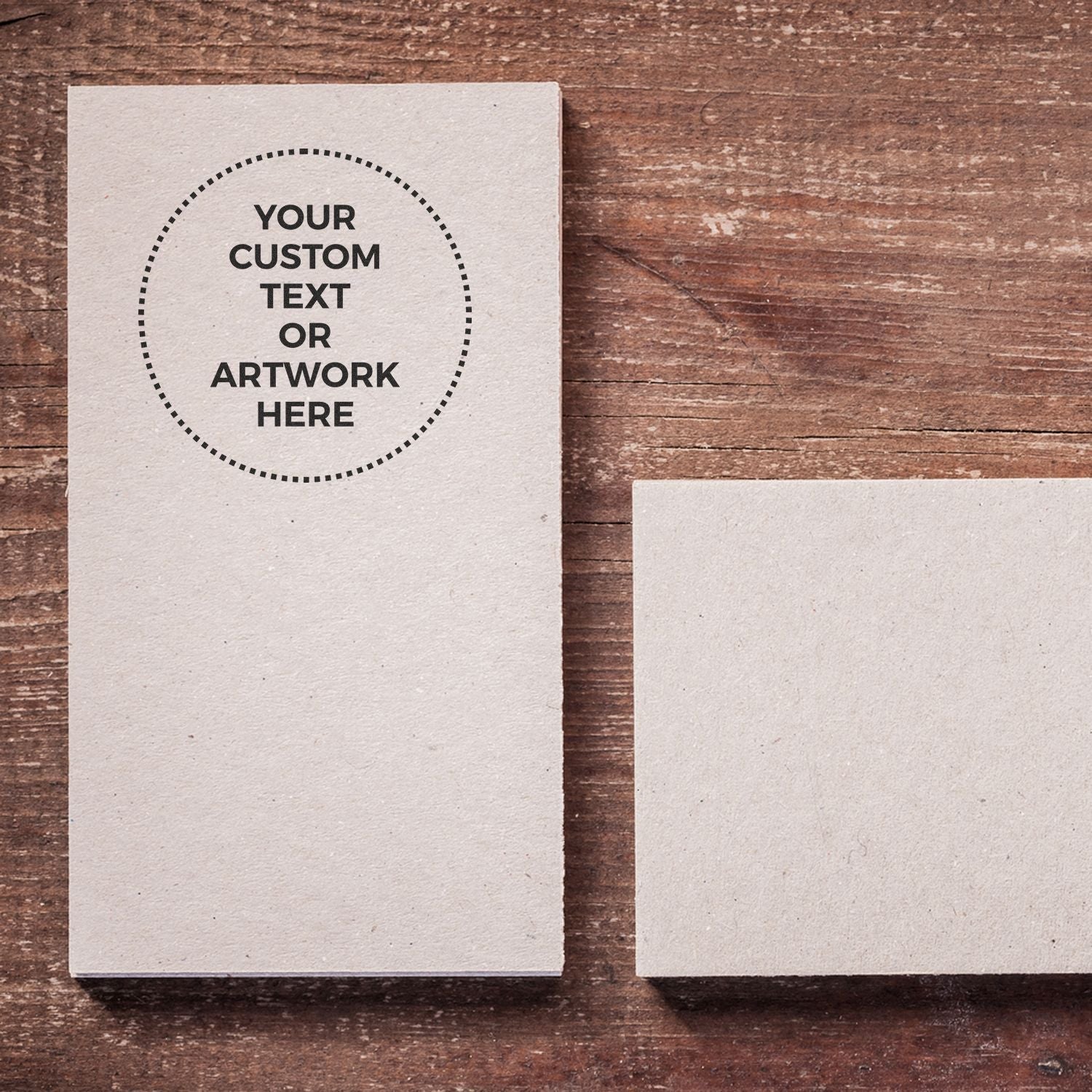 Custom Rubber Stamp Size 2-1/2 Inch Diameter stamped on a brown paper card with Your Custom Text or Artwork Here inside a dotted circle.