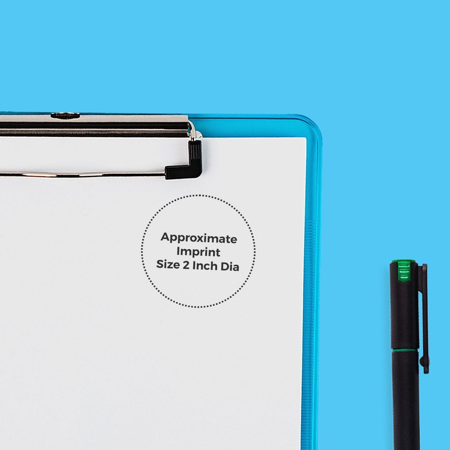Custom Rubber Stamp Size 2 Inch Diameter imprint on white paper, placed on a blue clipboard with a black pen beside it.