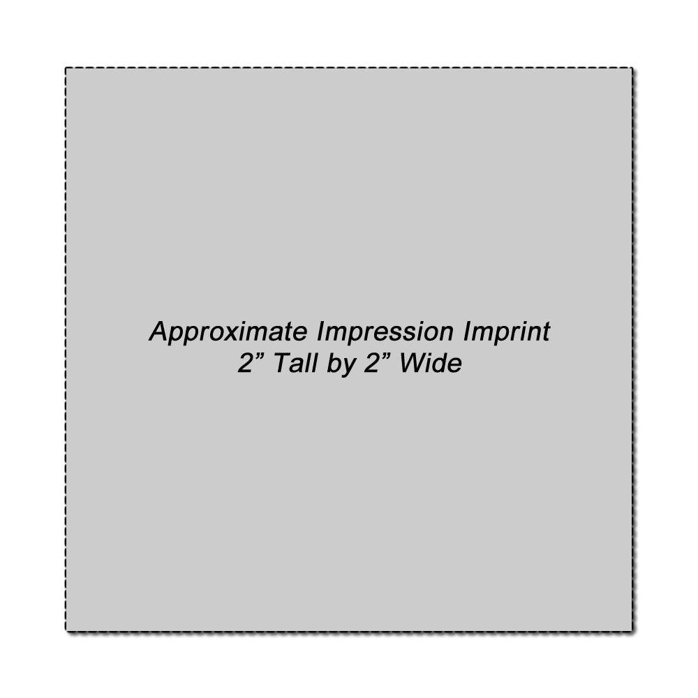 Custom Rubber Stamp Size 2 x 2 with an approximate impression imprint of 2 inches tall by 2 inches wide on a gray background.