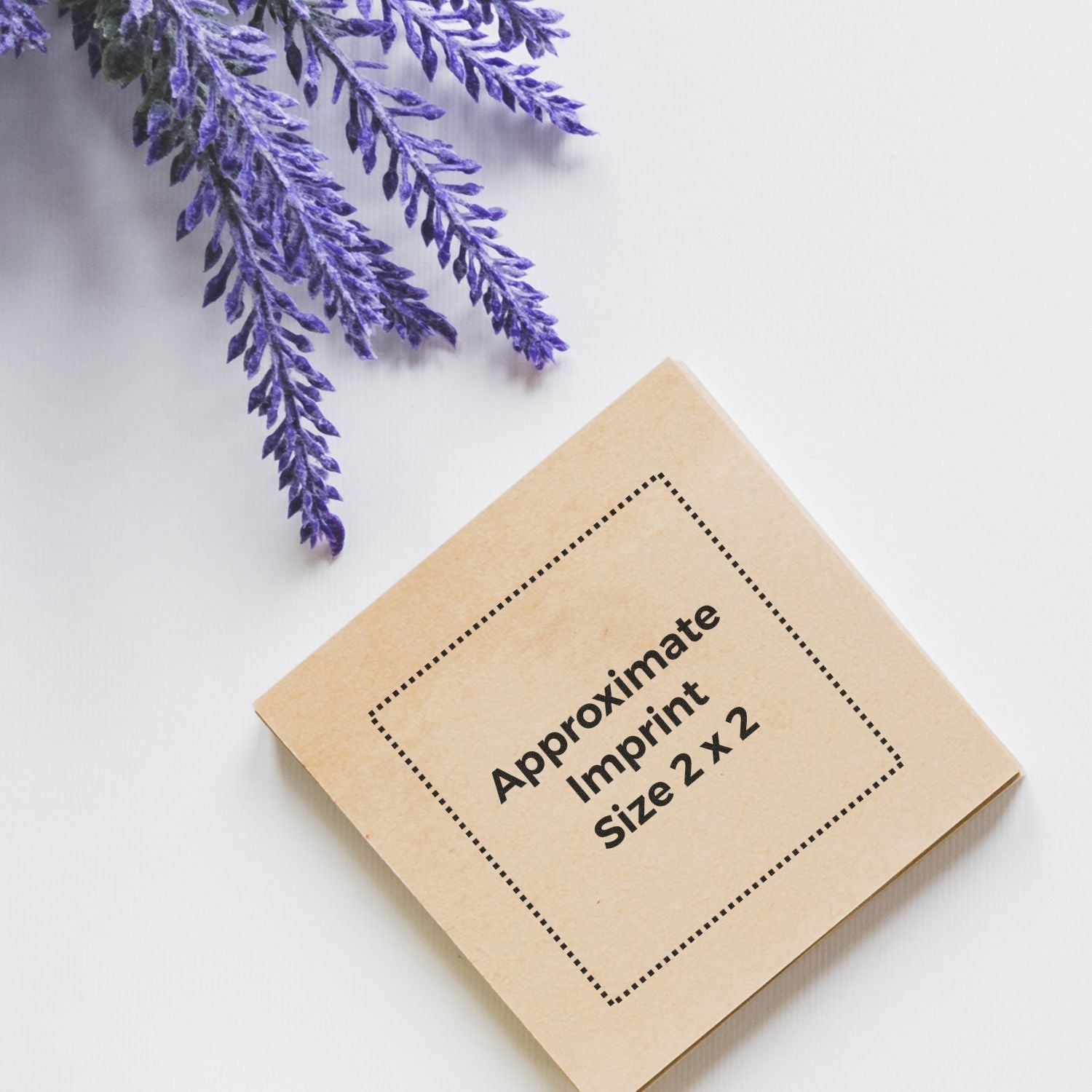 Custom Rubber Stamp Size 2 x 2 in a brown box with lavender flowers on a white background.