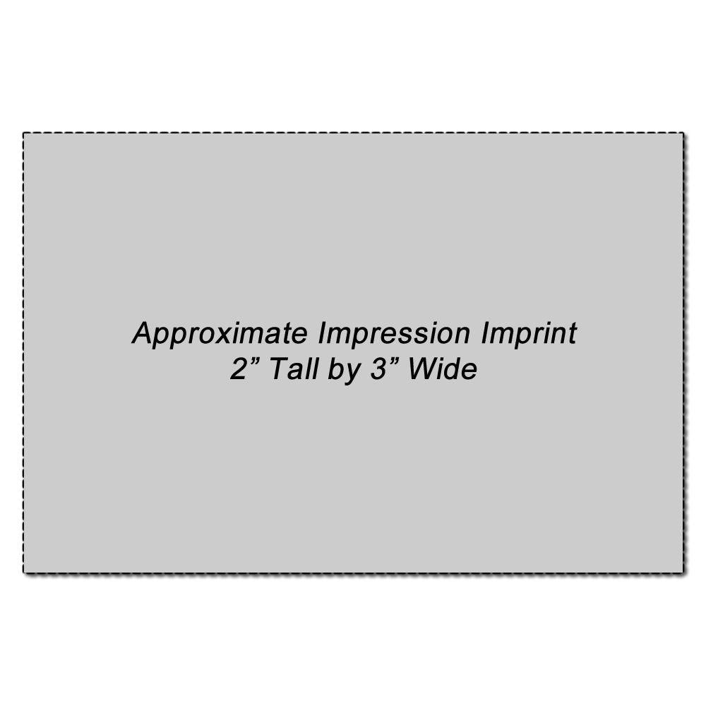 Custom Rubber Stamp Size 2 x 3 showing an approximate impression imprint of 2 inches tall by 3 inches wide on a gray background.