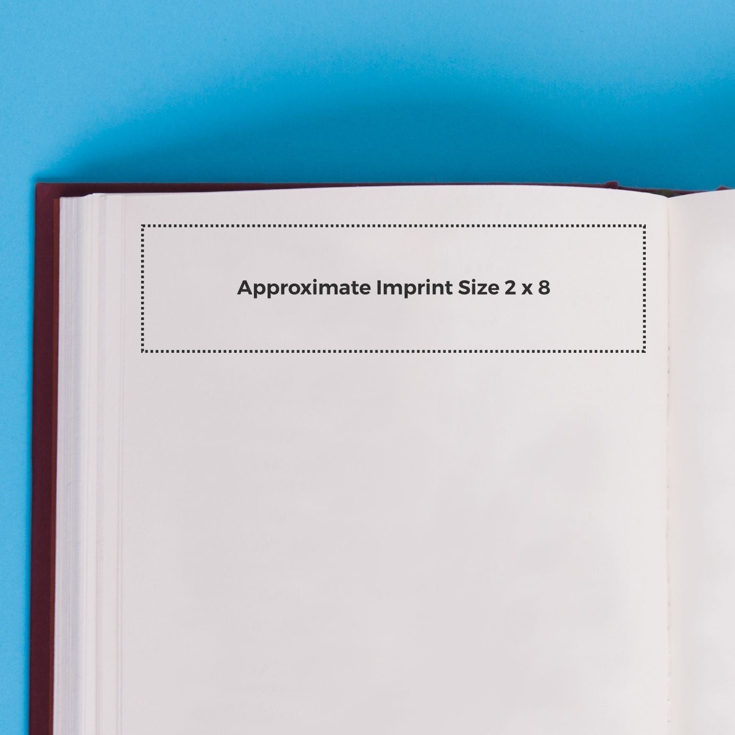 Custom Rubber Stamp Size 2 x 8 shown on an open book with a blue background, displaying the approximate imprint size.