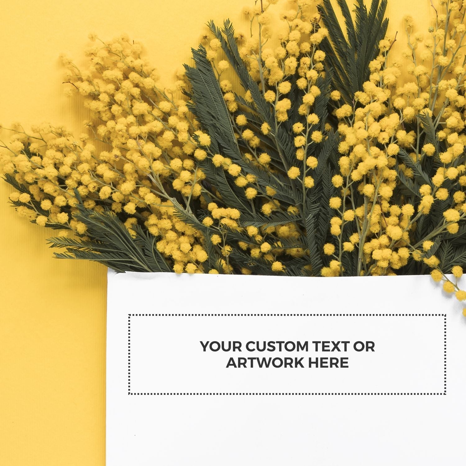 Custom Rubber Stamp Size 2 x 8 on white paper with placeholder text, surrounded by yellow flowers and green leaves on a yellow background.