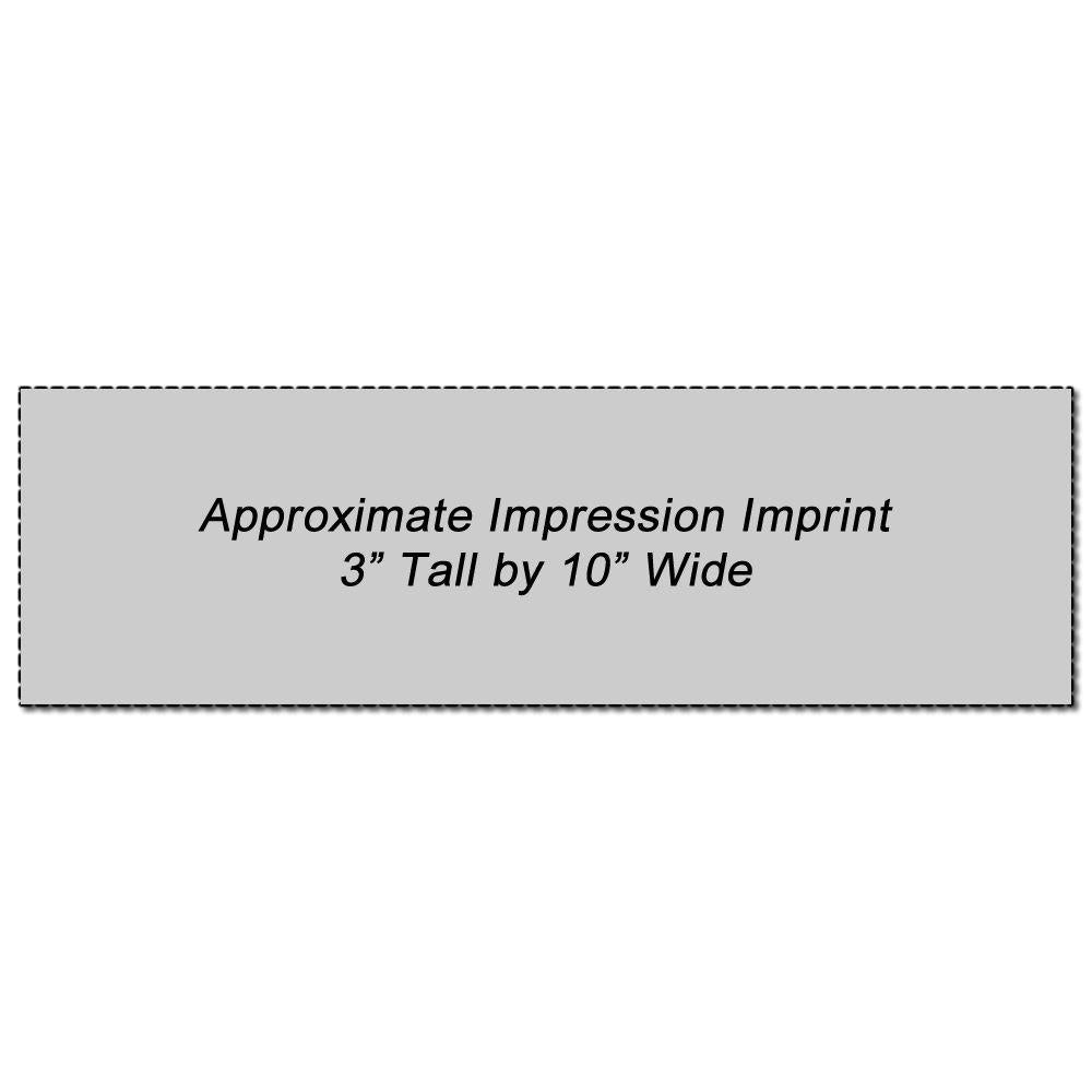 Custom Rubber Stamp Size 3 x 10 with an approximate impression imprint of 3 inches tall by 10 inches wide, displayed on a gray background.