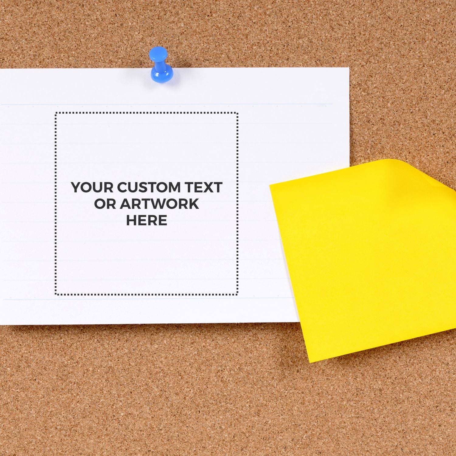 Custom Rubber Stamp Size 3 x 3 on a corkboard, displaying Your Custom Text or Artwork Here with a yellow sticky note beside it.