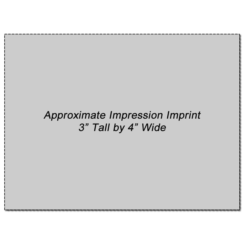 Custom Rubber Stamp Size 3 x 4 with an approximate impression imprint of 3 inches tall by 4 inches wide, shown on a gray background.