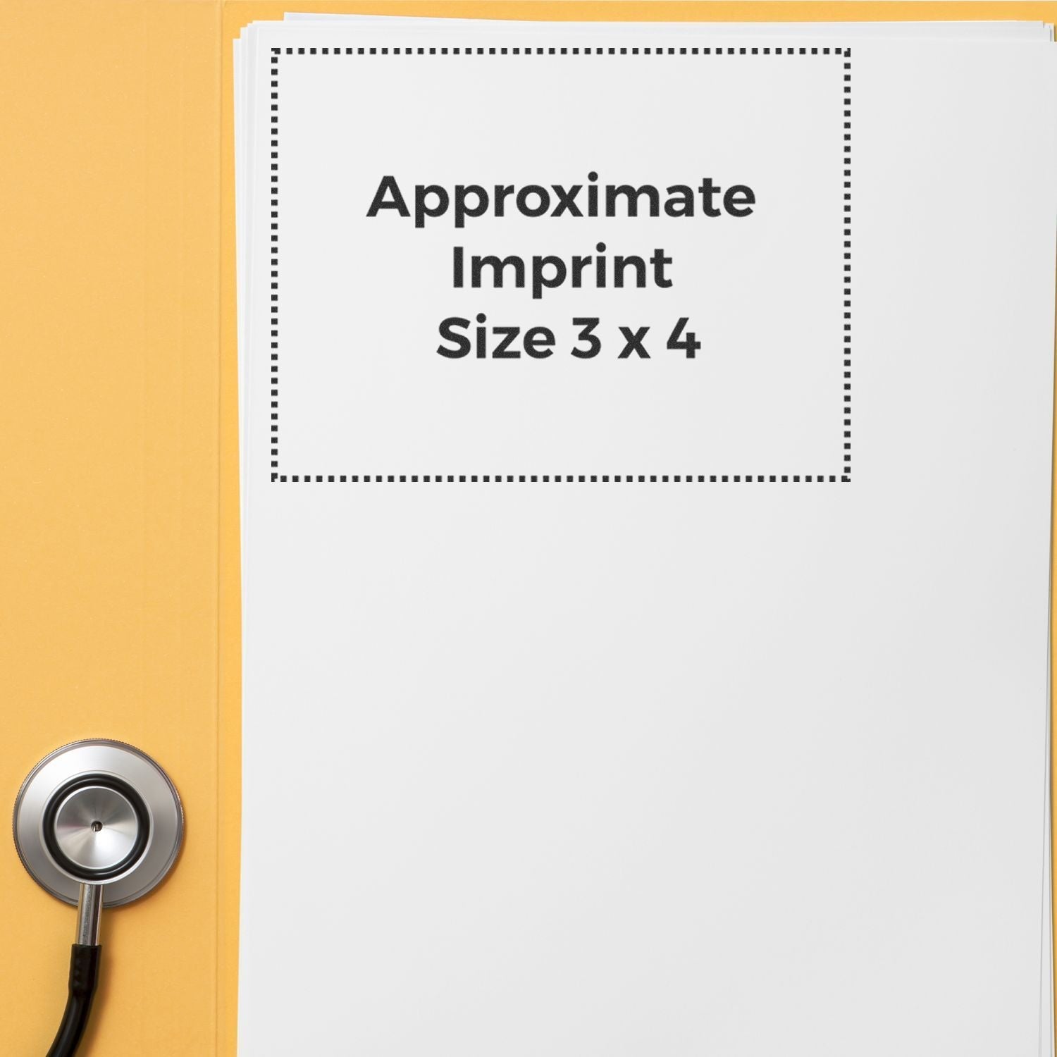 Custom Rubber Stamp Size 3 x 4 shown with approximate imprint dimensions on a white sheet, next to a stethoscope and yellow folder.