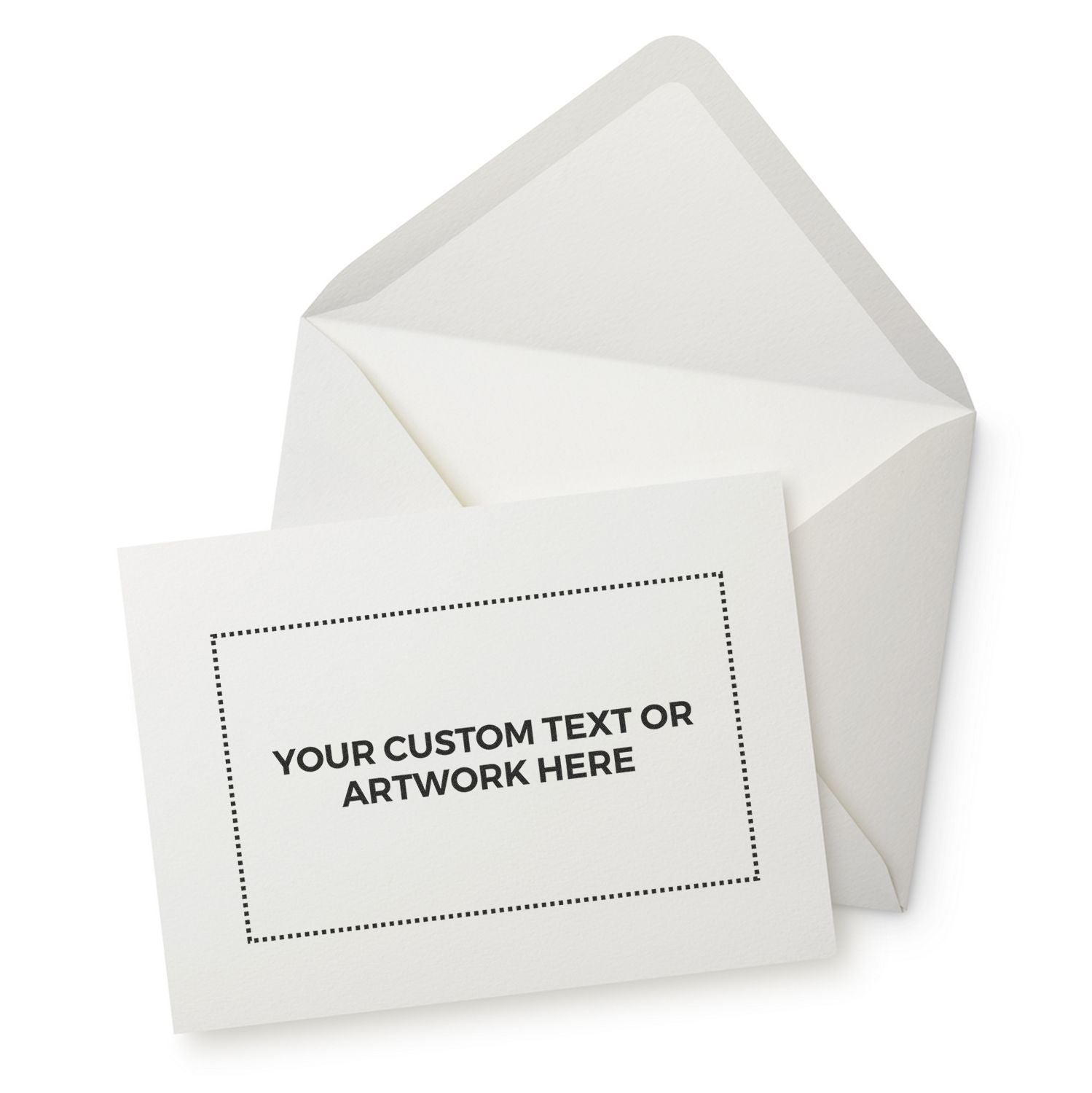 Custom Rubber Stamp Size 3 x 5 used on a white card with Your Custom Text or Artwork Here inside an envelope.