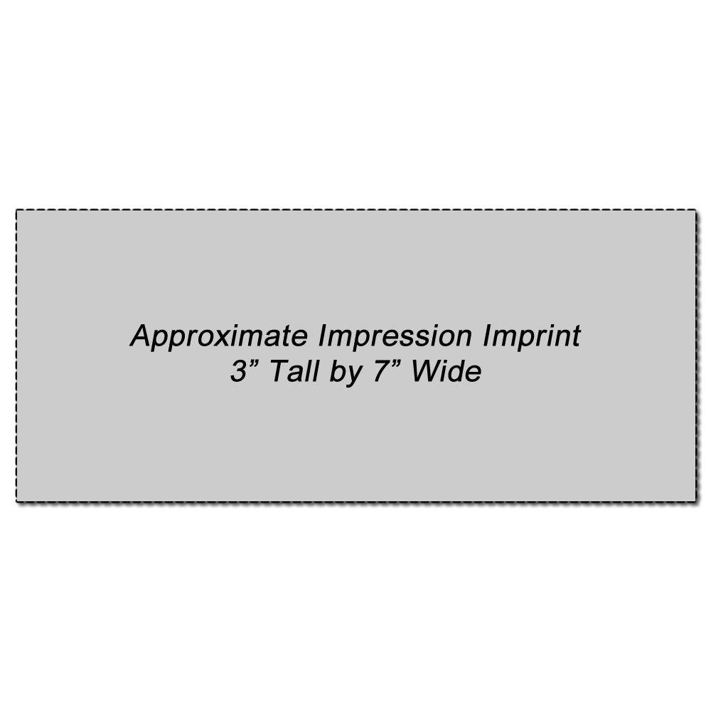 Custom Rubber Stamp Size 3 x 7 showing an approximate impression imprint of 3 inches tall by 7 inches wide on a grey background.