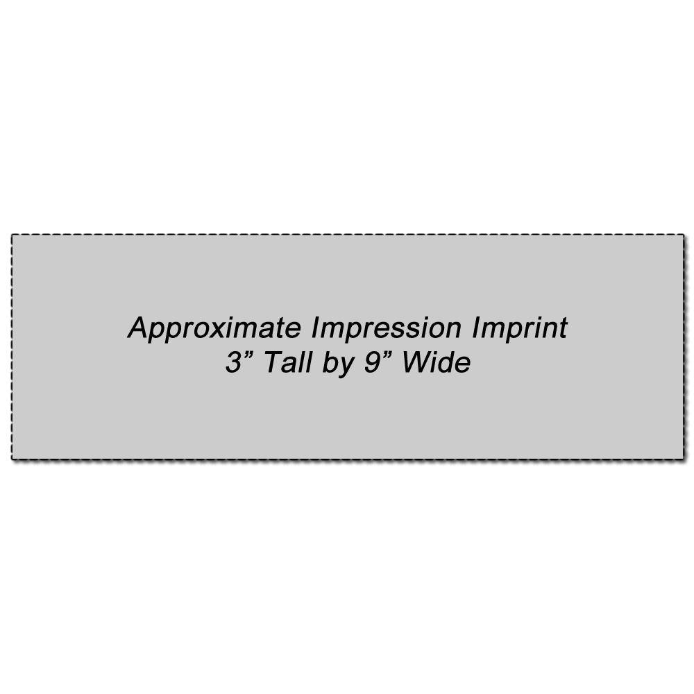 Custom Rubber Stamp Size 3 x 9, showing an approximate impression imprint of 3 inches tall by 9 inches wide on a gray background.
