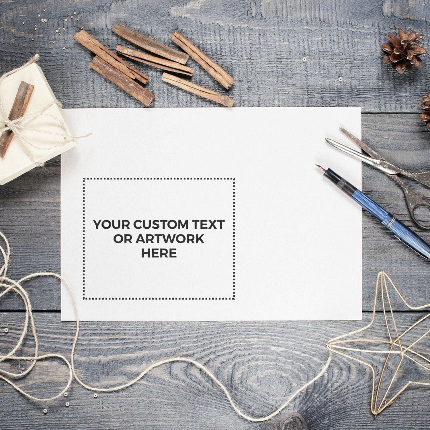 Custom Rubber Stamp Size 4 x 5 stamped on white paper, surrounded by twine, a pen, wooden sticks, and a star-shaped ornament on a wooden surface.