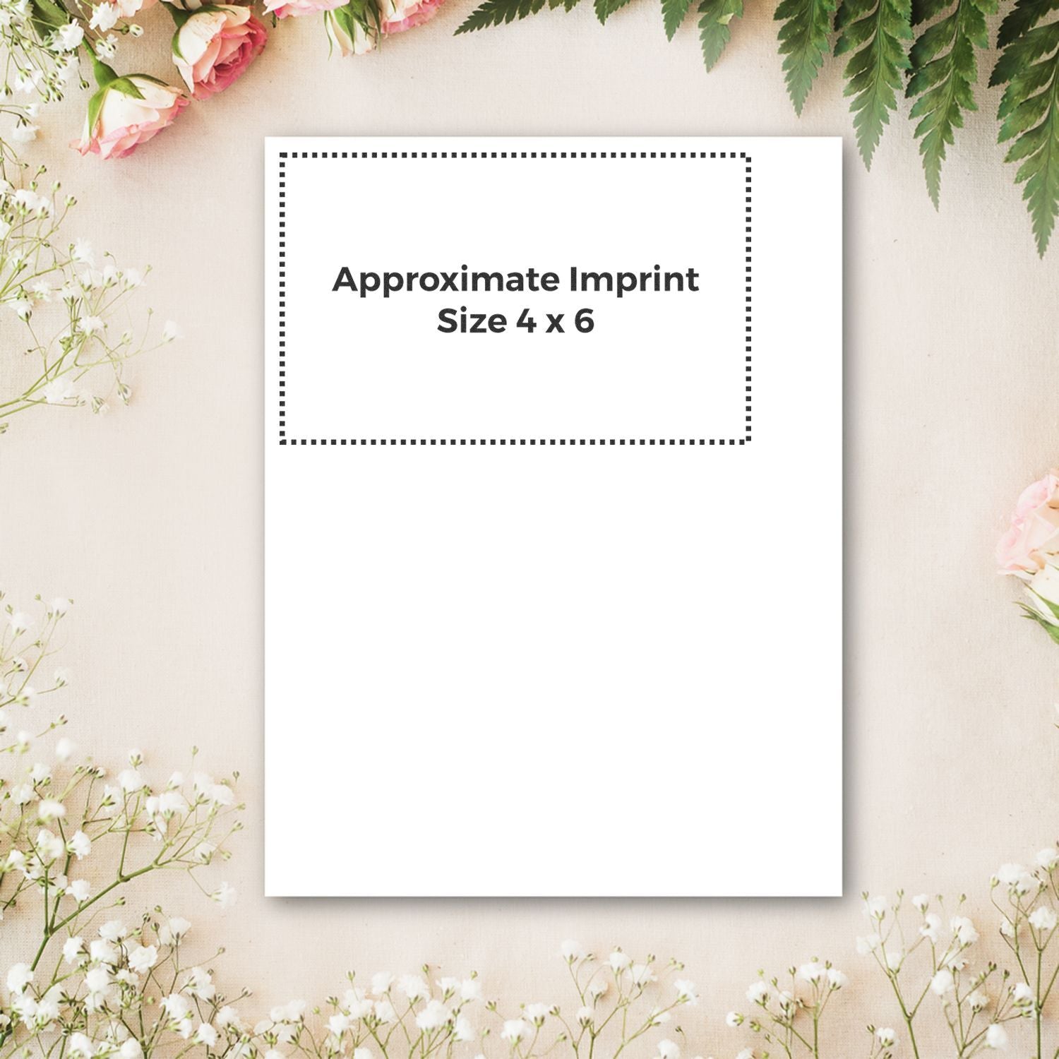 Custom Rubber Stamp Size 4 x 6 displayed on a floral background with approximate imprint size indicated.