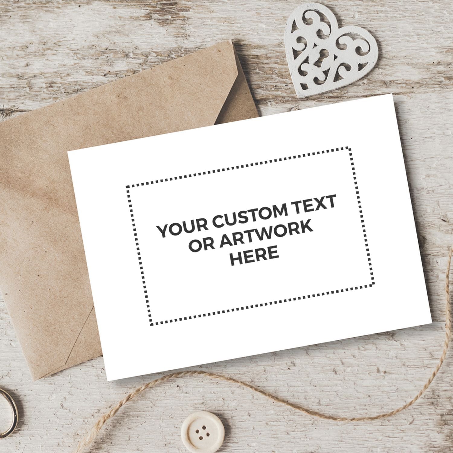 Custom Rubber Stamp Size 4 x 6 used on a white card with Your Custom Text or Artwork Here next to a brown envelope and decorative items.
