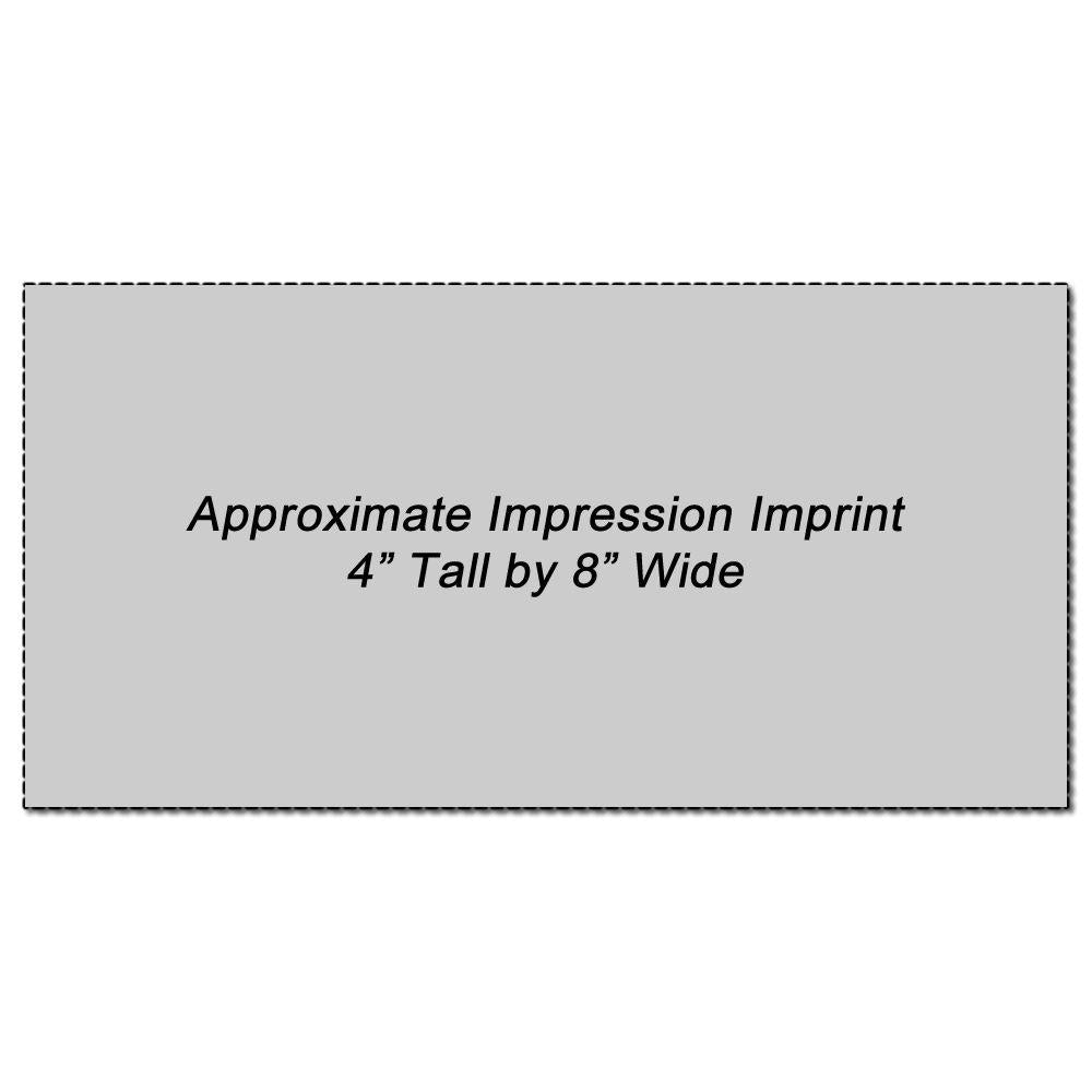 Custom Rubber Stamp Size 4 x 8 with an approximate impression imprint of 4 inches tall by 8 inches wide, shown on a gray background.