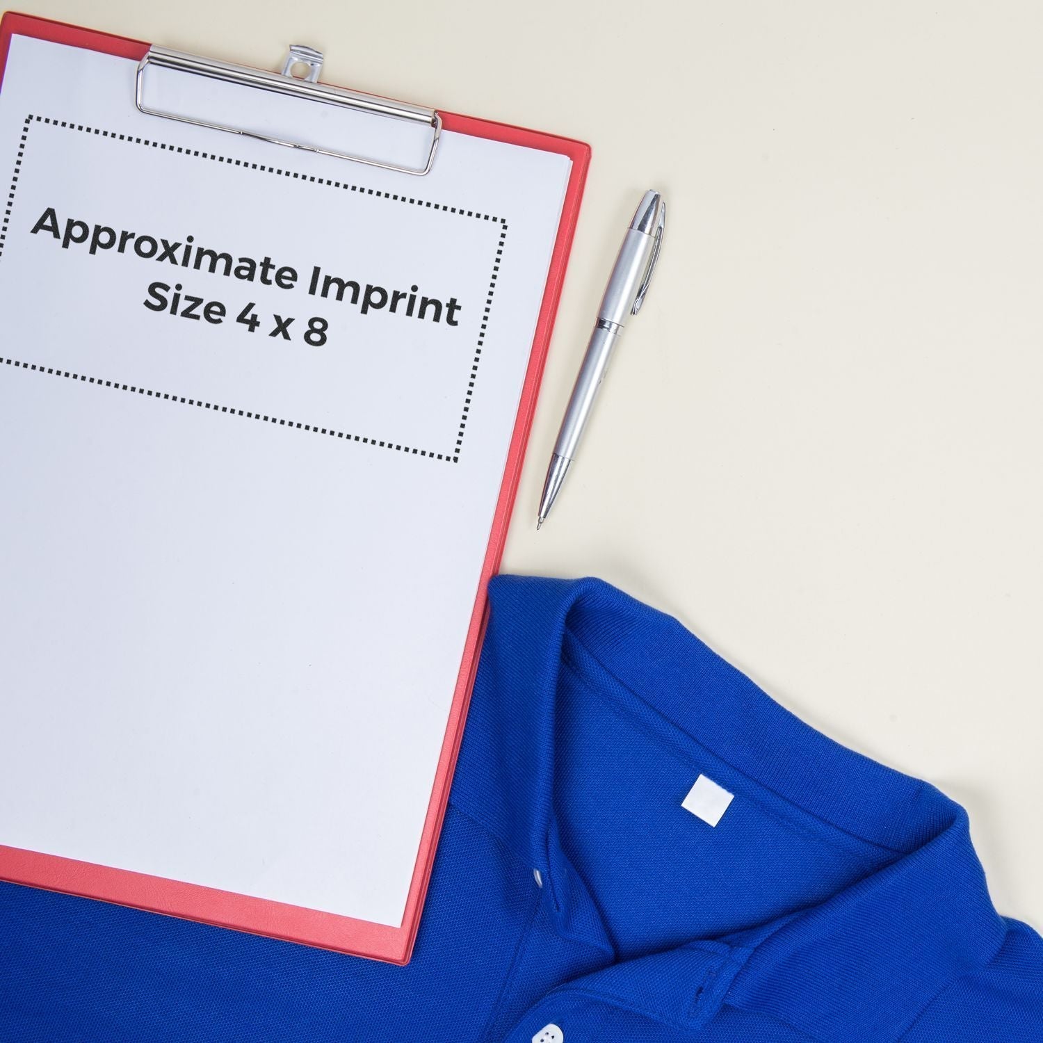 Clipboard with Approximate Imprint Size 4 x 8 text, pen, and blue shirt, showcasing Custom Rubber Stamp Size 4 x 8 dimensions.