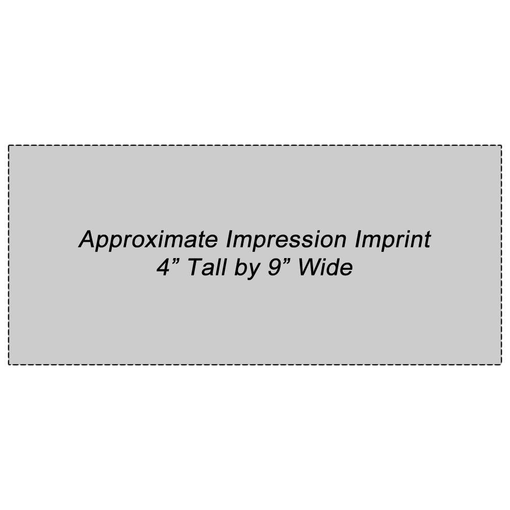 Custom Rubber Stamp Size 4 x 9 showing approximate impression imprint area of 4 inches tall by 9 inches wide in a gray rectangle.