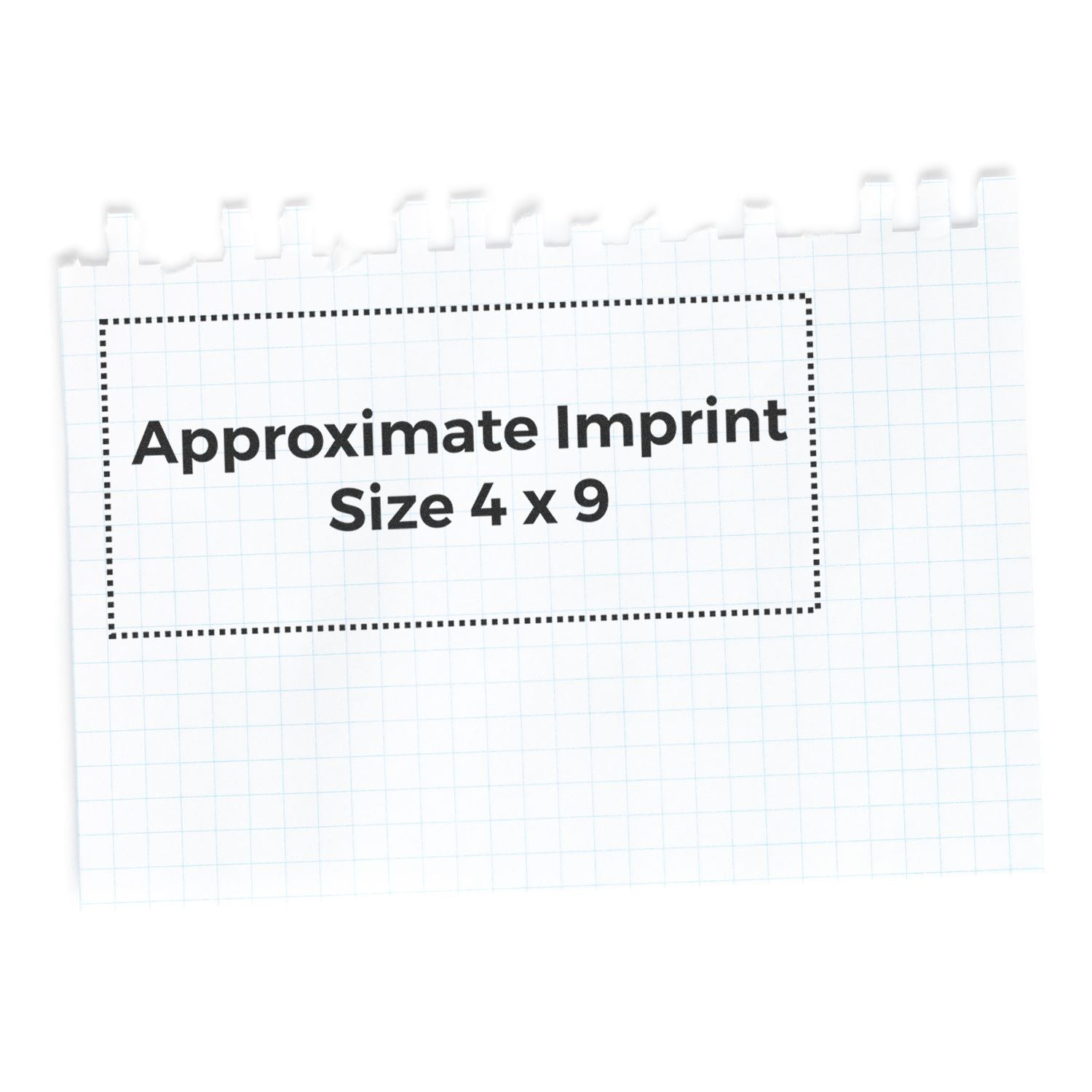 Custom Rubber Stamp Size 4 x 9 shown on graph paper with approximate imprint dimensions marked in a dotted rectangle.