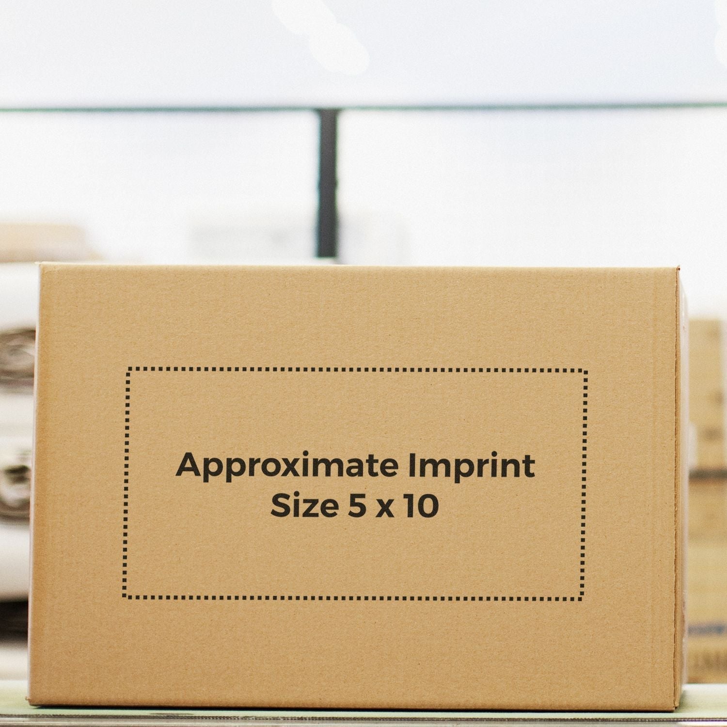 Custom Rubber Stamp Size 5 x 10 displayed on a cardboard box with approximate imprint dimensions marked.