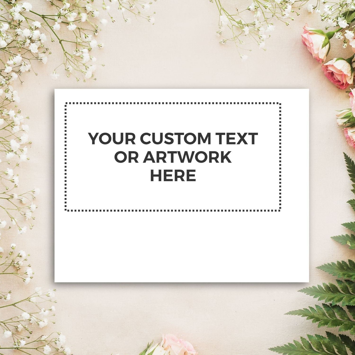 Custom Rubber Stamp Size 5 x 10 stamped on white paper with YOUR CUSTOM TEXT OR ARTWORK HERE, surrounded by flowers.