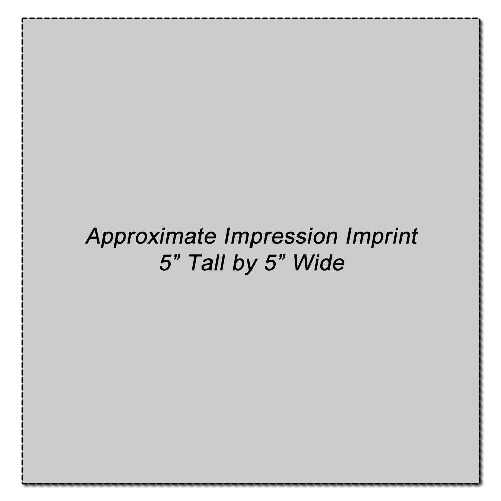 Custom Rubber Stamp Size 5 x 5, showing an approximate impression imprint area of 5 inches tall by 5 inches wide on a gray background.