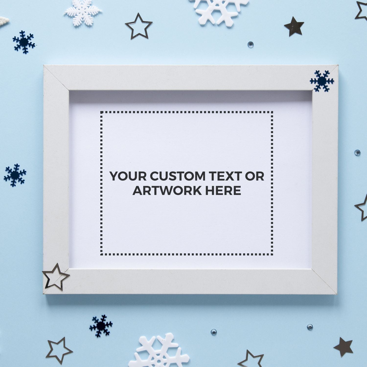 Custom Rubber Stamp Size 5 x 6 example on white paper in a frame, surrounded by snowflake and star decorations on a light blue background.