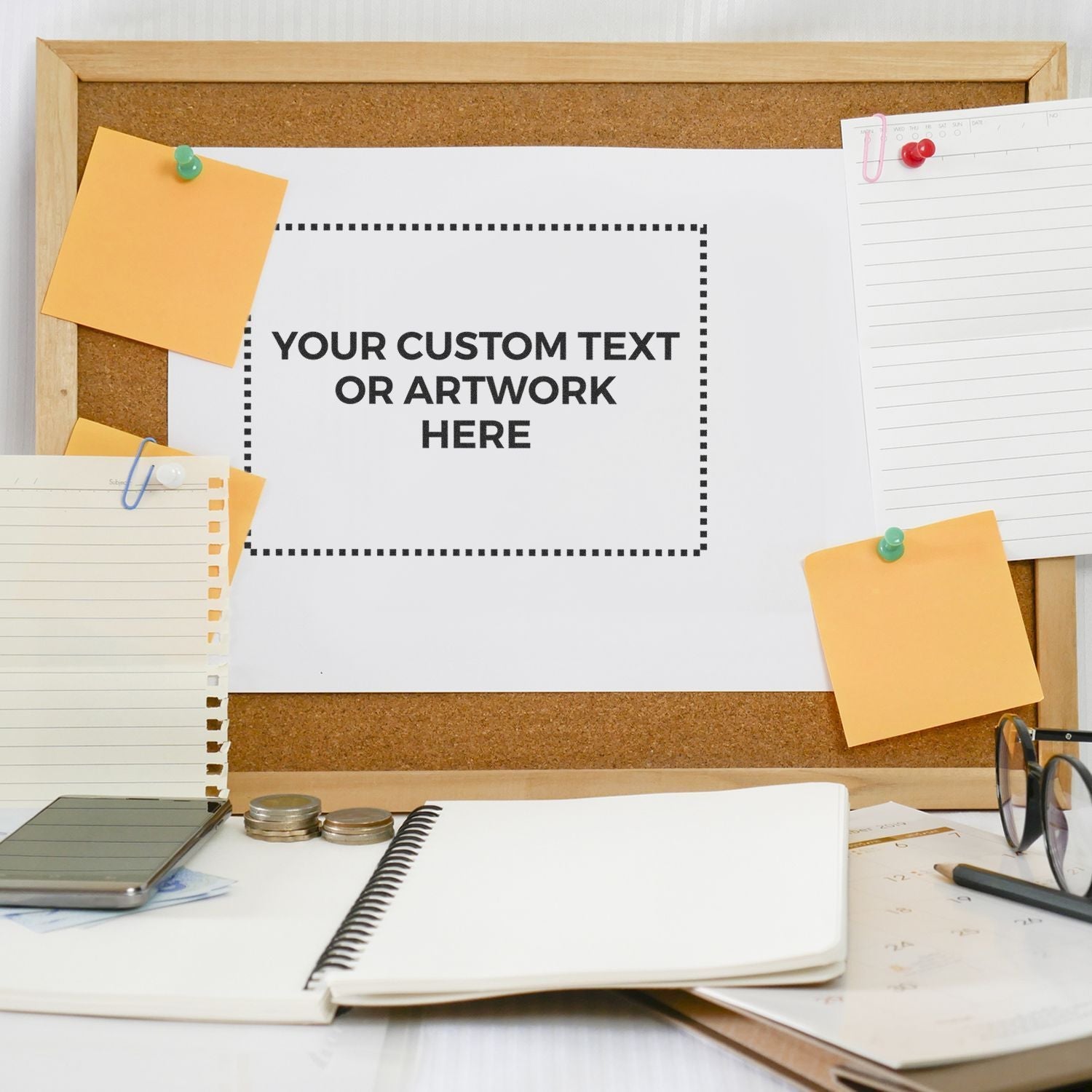 Custom Rubber Stamp Size 5 x 7 displayed on a corkboard with sticky notes, notebooks, glasses, and a phone around it.