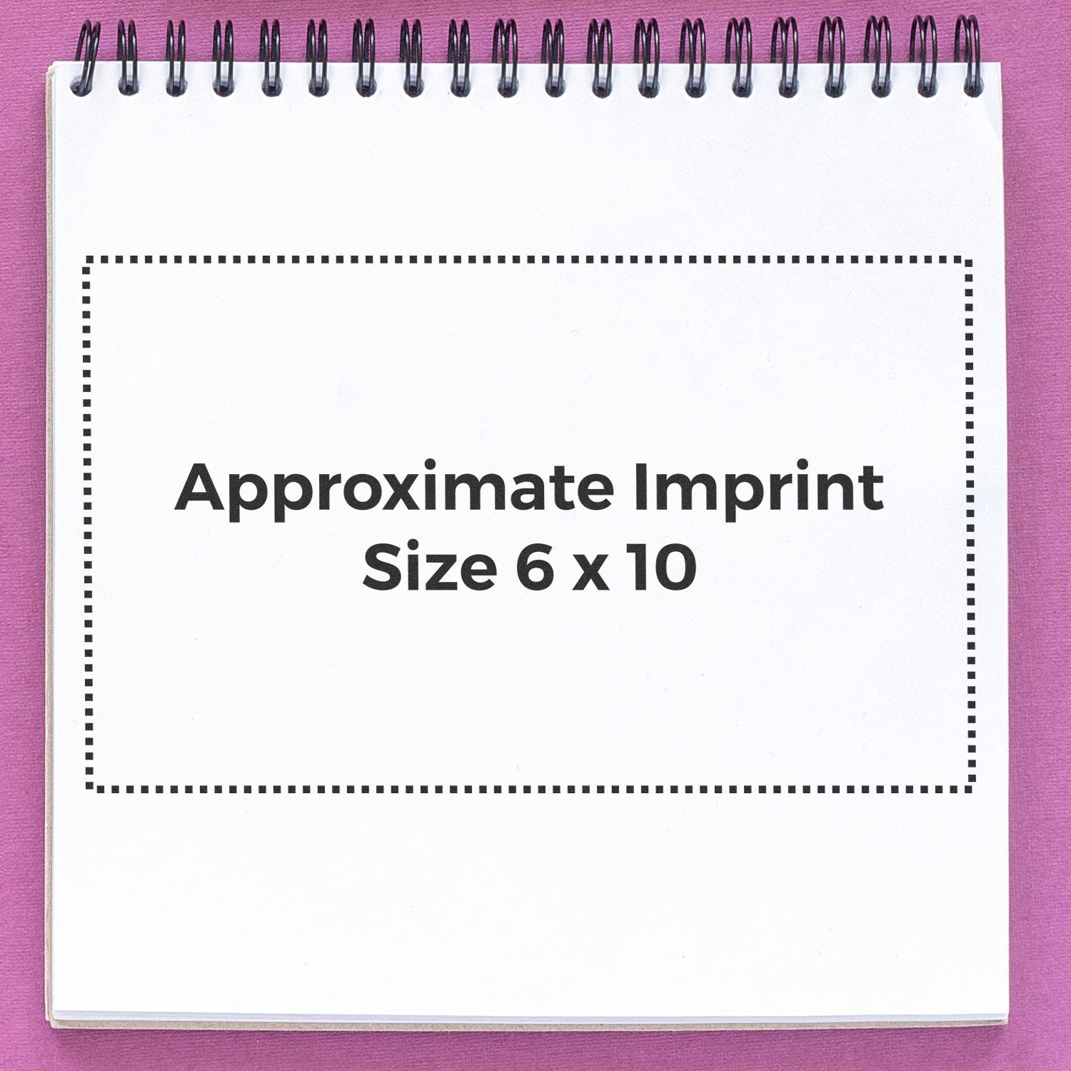 Custom Rubber Stamp Size 6 x 10 displayed on a white notepad with a pink background, showing approximate imprint dimensions.