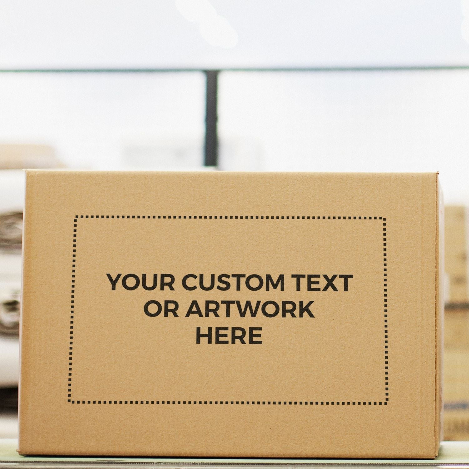 Cardboard box stamped with YOUR CUSTOM TEXT OR ARTWORK HERE using Custom Rubber Stamp Size 6 x 10.