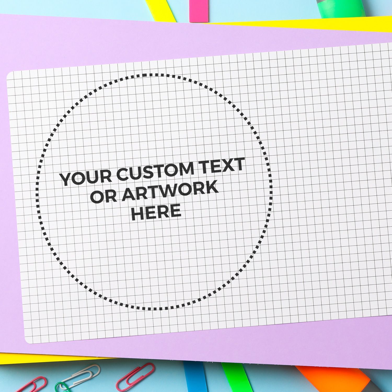 Custom Rubber Stamp Size 8 Inch Diameter with Your Custom Text or Artwork Here on a grid paper, surrounded by colorful stationery.