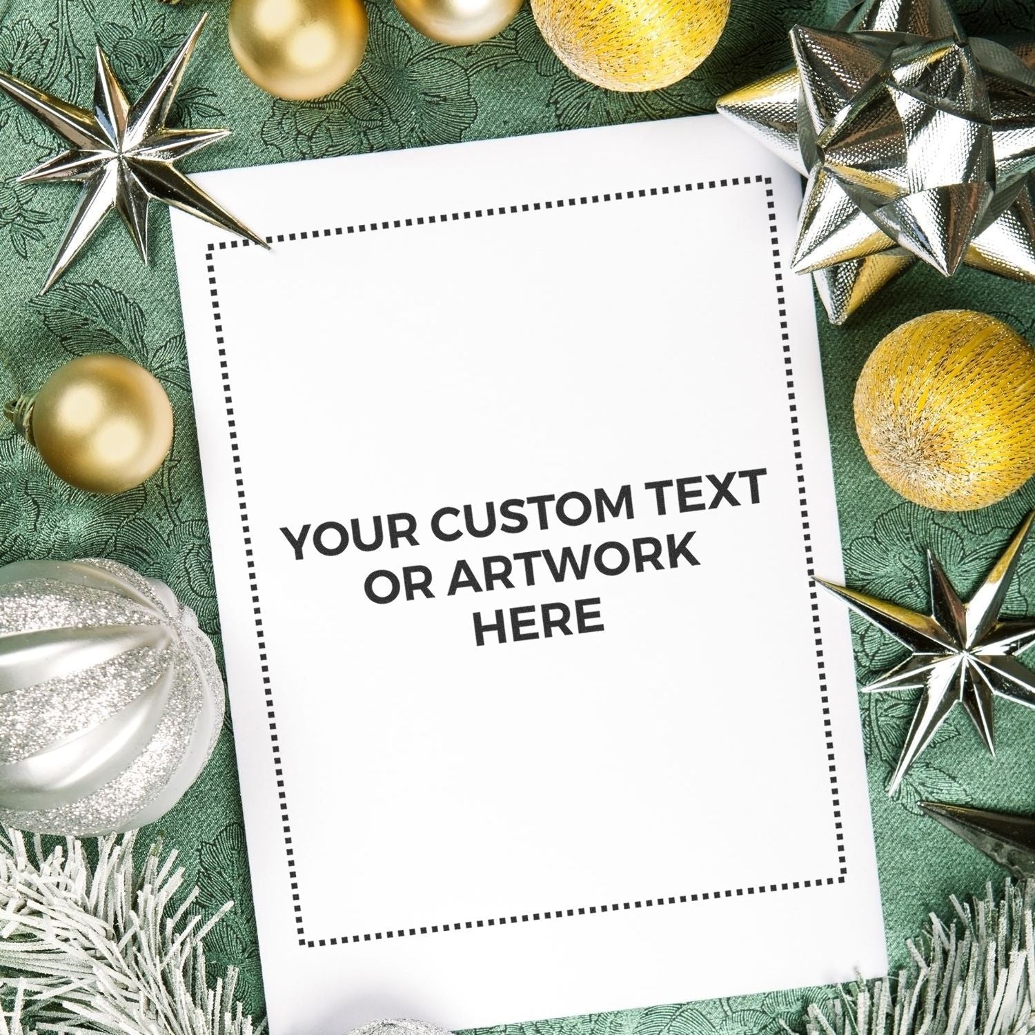 Custom Rubber Stamp Size 8 x 10 on a white paper with Your Custom Text or Artwork Here surrounded by festive decorations.