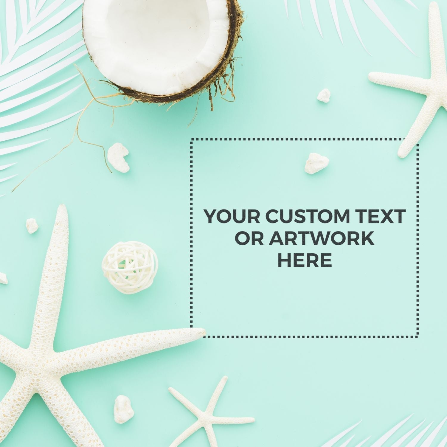 Custom Rubber Stamp Size 8 x 7 displayed on a light blue background with starfish, coconut, and decorative elements around the stamp area.