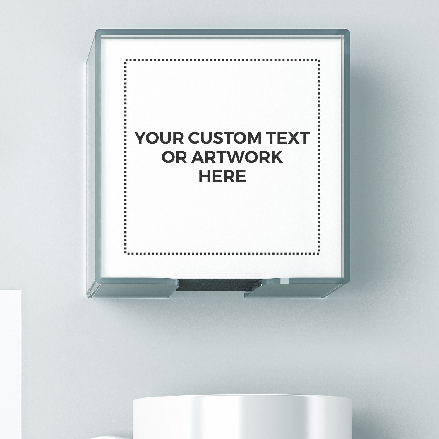 Custom Rubber Stamp Size 8 x 8 with placeholder text Your Custom Text or Artwork Here on a white background.
