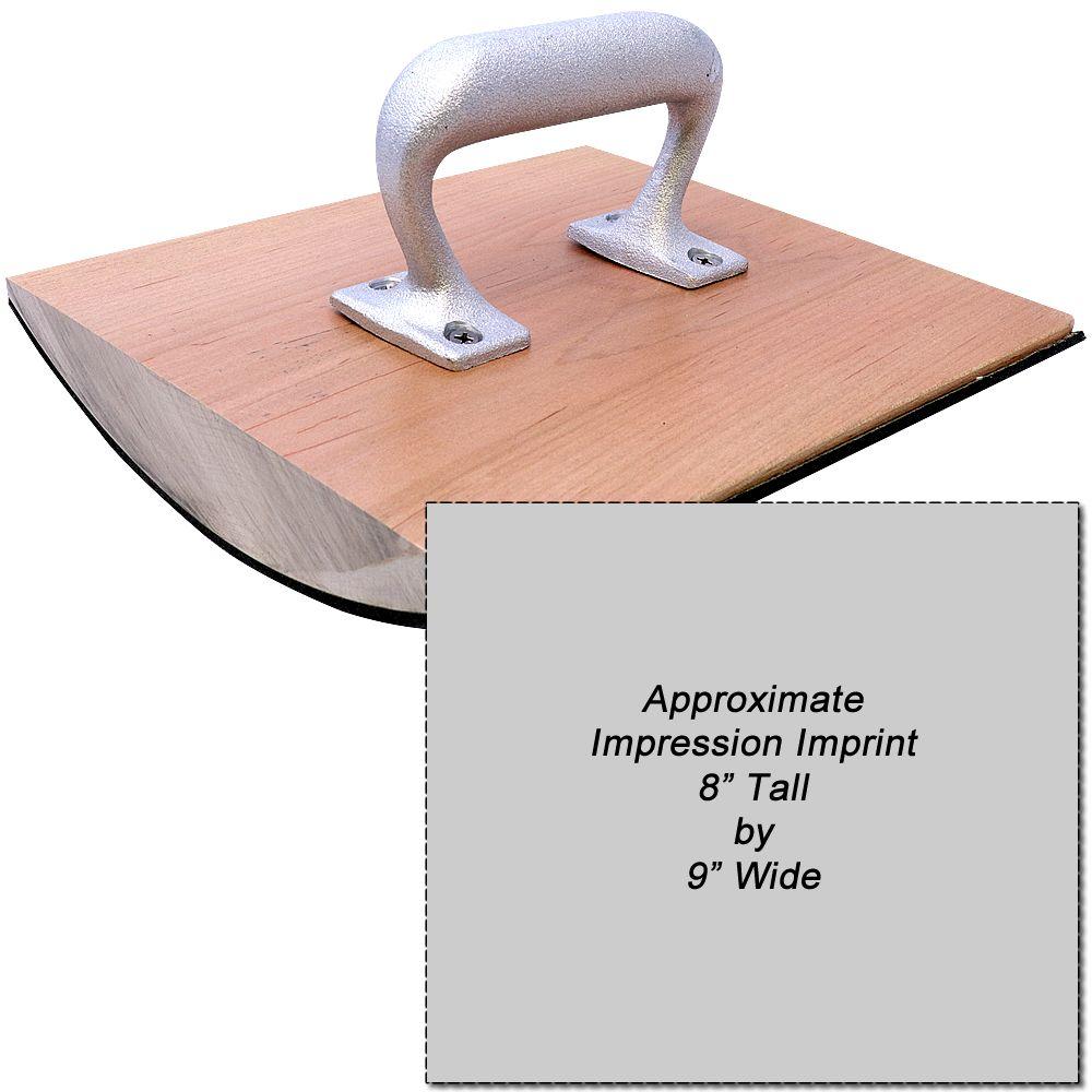 Custom Rubber Stamp Size 8 x 9 with a wooden base and metal handle, shown with an imprint area of 8 inches tall by 9 inches wide.