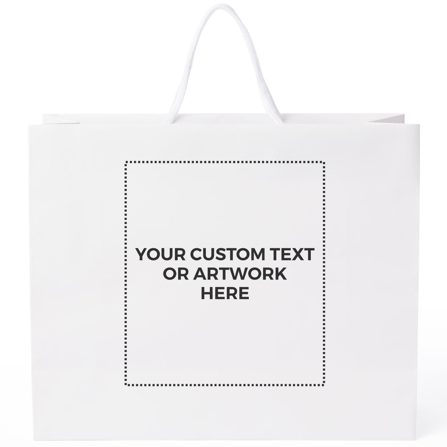 White shopping bag with YOUR CUSTOM TEXT OR ARTWORK HERE stamped using Custom Rubber Stamp Size 8 x 9 in black ink.