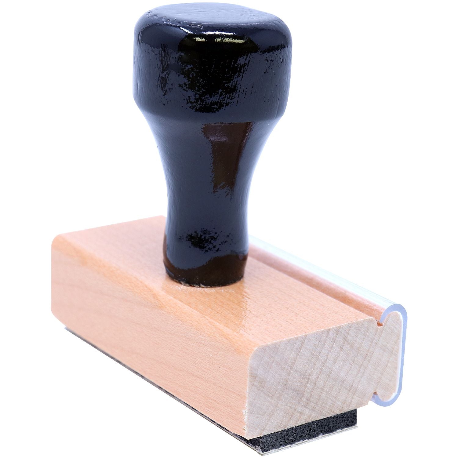 14 Line Custom Rubber Stamp with Wood Handle, featuring a black grip and a wooden base, angled view showing the stamp's back.