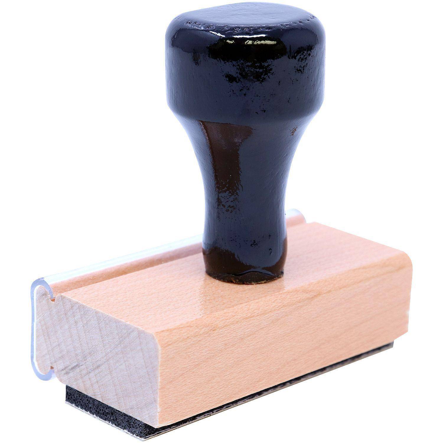 Large Rejected Rubber Stamp with a black handle and wooden base, angled view showing the rubber stamp surface and mount.