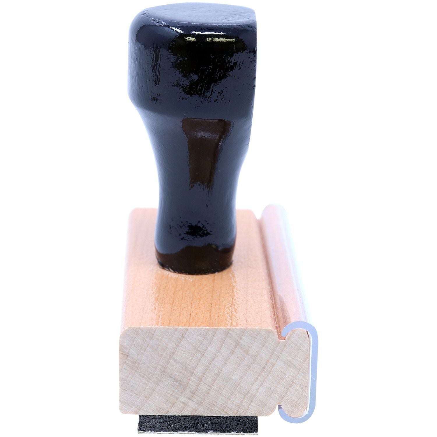 14 Line Custom Rubber Stamp with Wood Handle, featuring a black grip and a wooden base, shown from the side.
