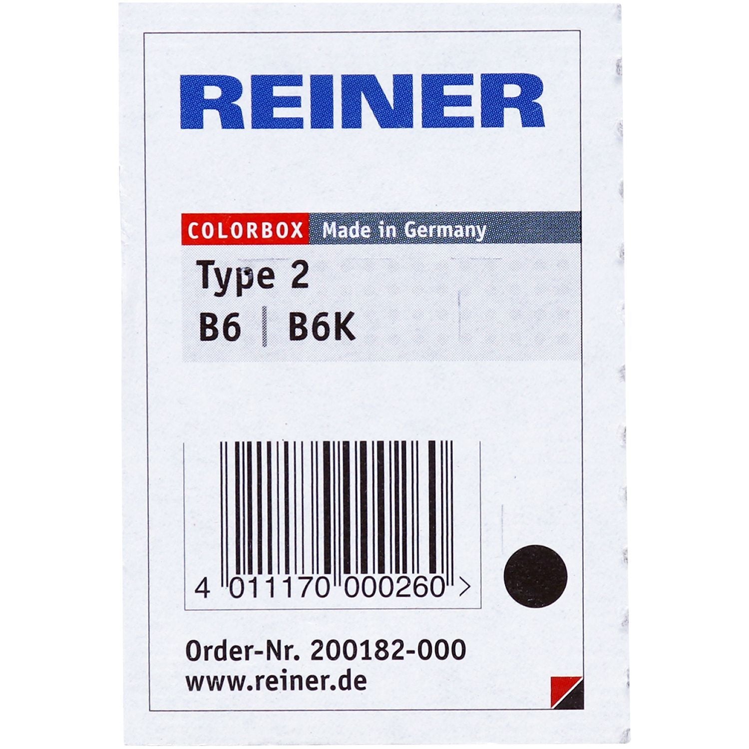 Replacement Ink Pad for Reiner Type 2 Machines, shown in packaging with barcode and product details, labeled Made in Germany.