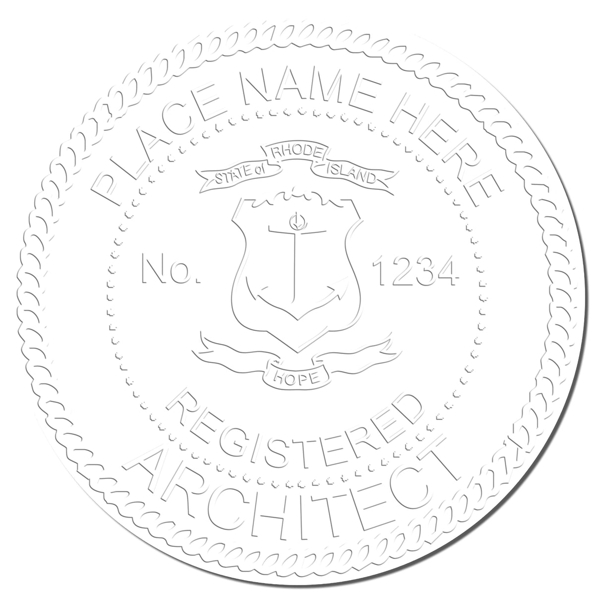 A photograph of the Extended Long Reach Rhode Island Architect Seal Embosser stamp impression reveals a vivid, professional image of the on paper.
