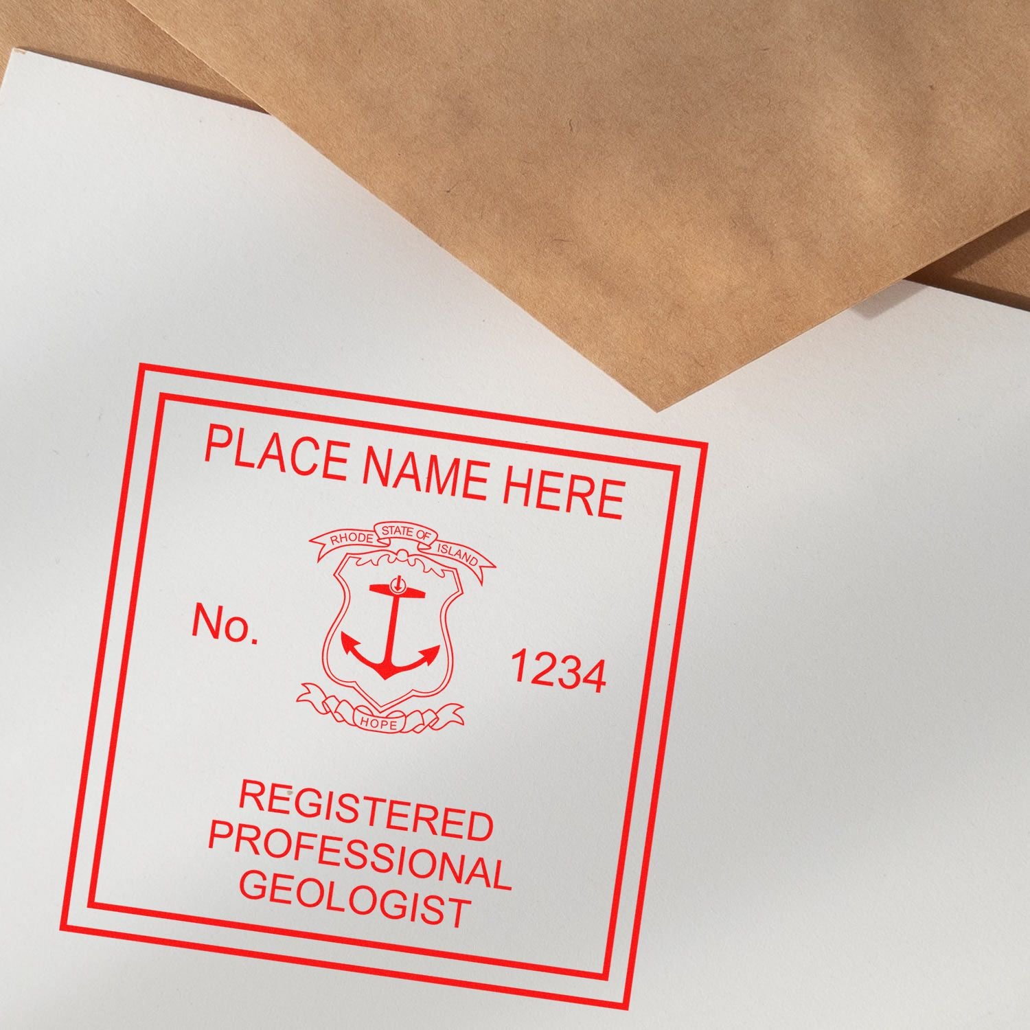 An in use photo of the Rhode Island Professional Geologist Seal Stamp showing a sample imprint on a cardstock