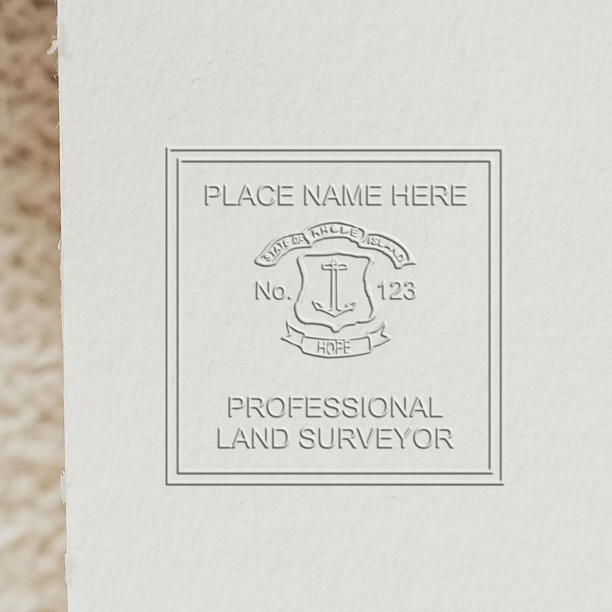 A lifestyle photo showing a stamped image of the State of Rhode Island Soft Land Surveyor Embossing Seal on a piece of paper